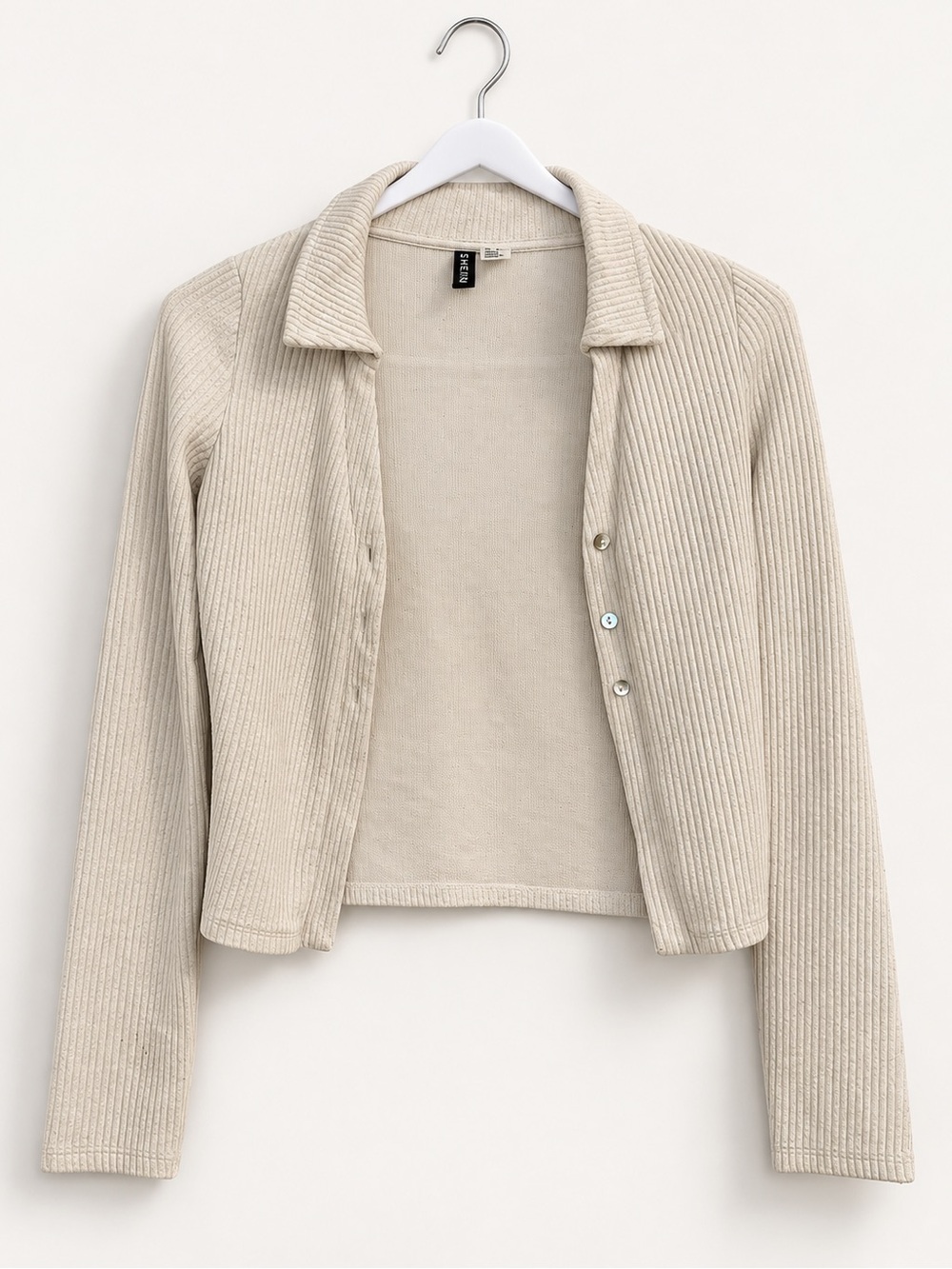 Divided Ribbed Button-Front Cardigan Jacket - Cream